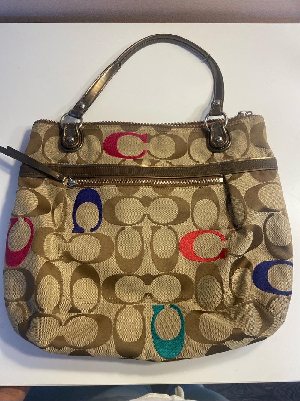 Coach Beige Signature Canvas Shoulder Bag with Multicolor 'C' Accents